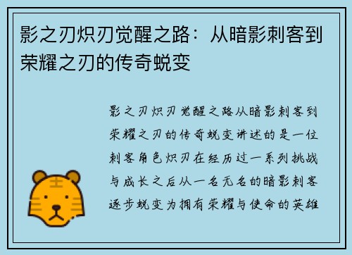影之刃炽刃觉醒之路：从暗影刺客到荣耀之刃的传奇蜕变